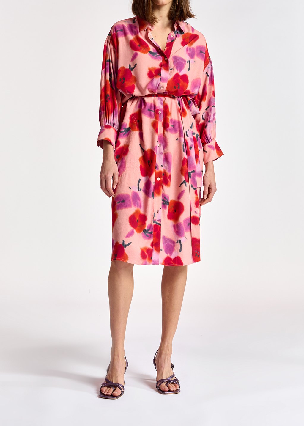 Light pink, red and purple floral-print shirt dress RE—SSENTIEL second-hand photo 4