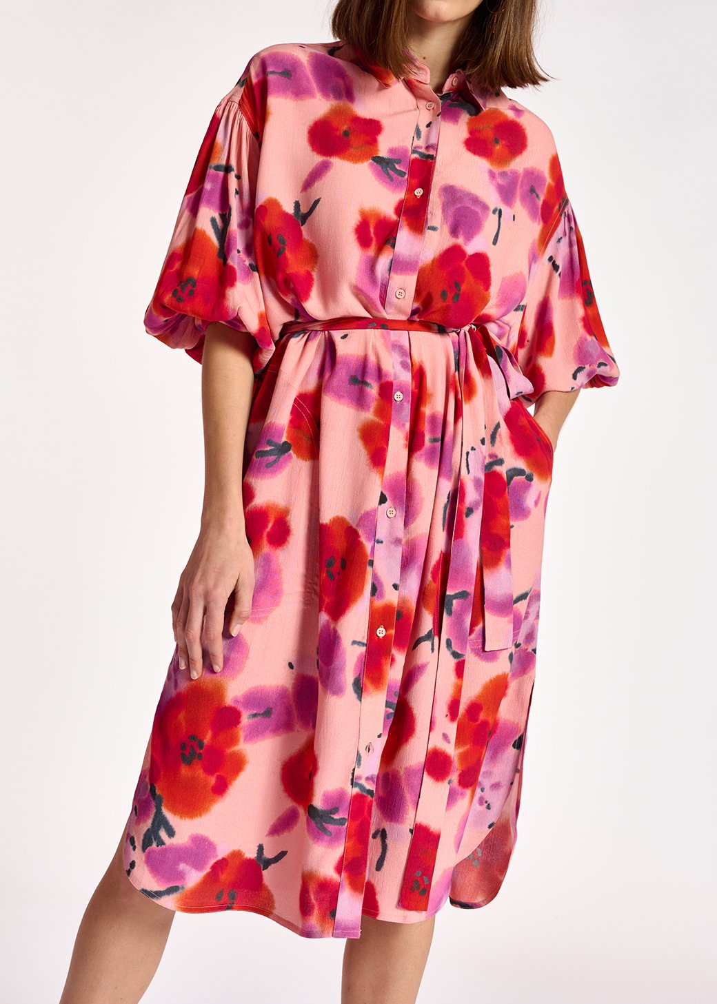 Light pink, red and purple floral-print shirt dress RE—SSENTIEL second-hand photo 7