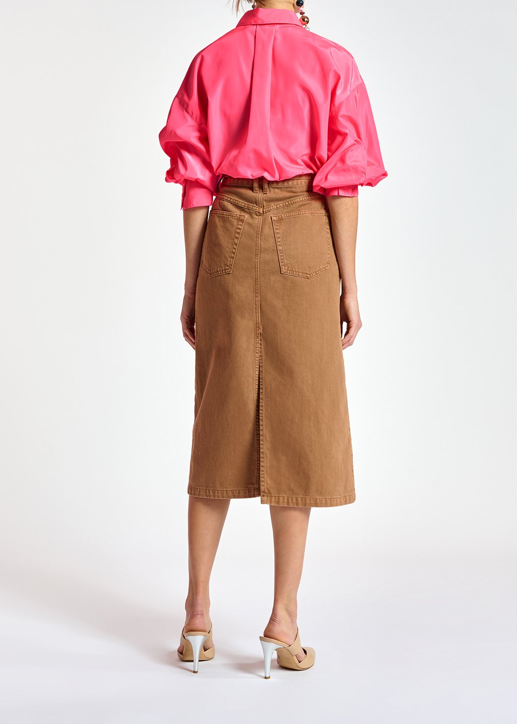 Jupe A à  taille haute en denim brun RE—SSENTIEL seconde main photo 7