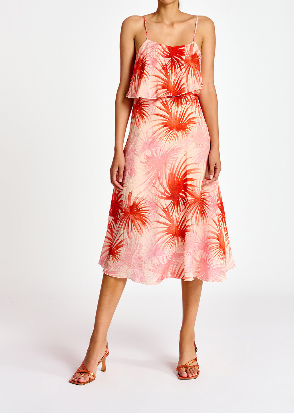 Orange viscose-silk asymmetrical midi dress with palm leaf print RE—SSENTIEL second-hand photo 3