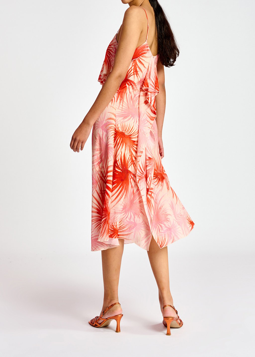 Orange viscose-silk asymmetrical midi dress with palm leaf print RE—SSENTIEL second-hand photo 4
