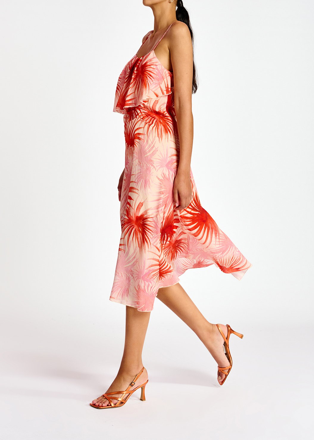 Orange viscose-silk asymmetrical midi dress with palm leaf print RE—SSENTIEL second-hand photo 5