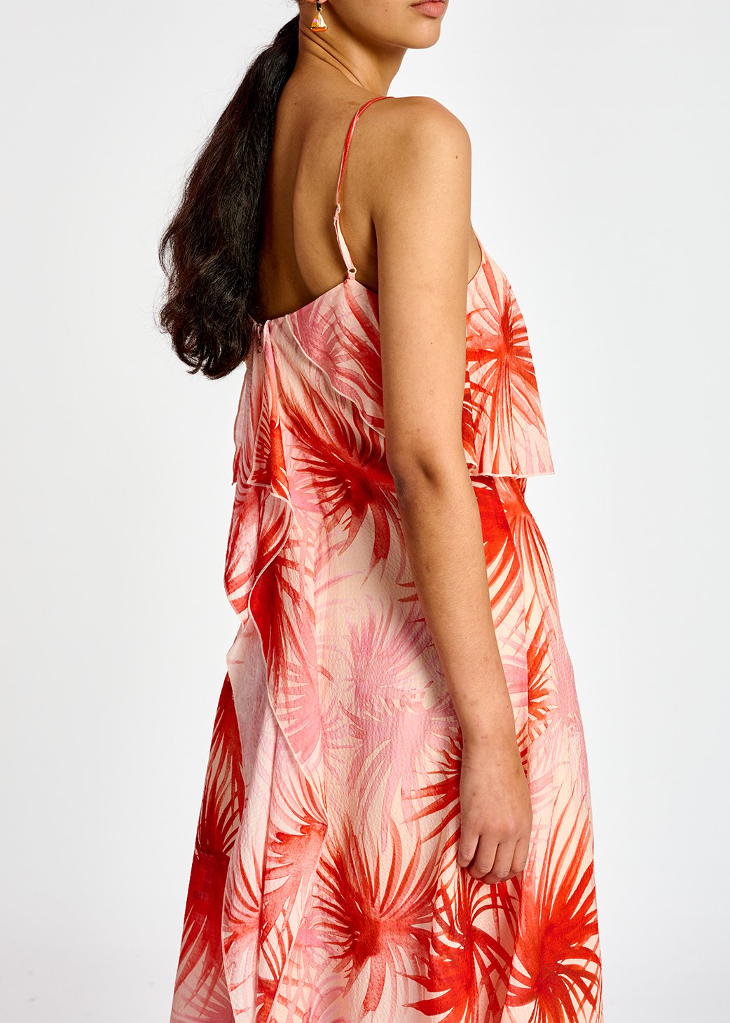 Orange viscose-silk asymmetrical midi dress with palm leaf print RE—SSENTIEL second-hand photo 6