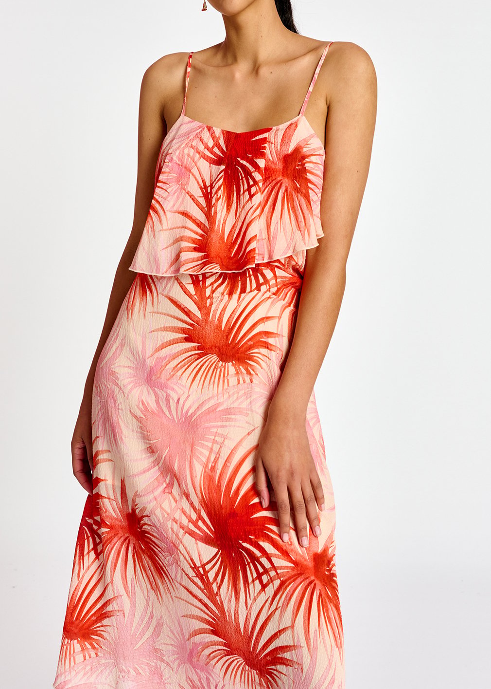 Orange viscose-silk asymmetrical midi dress with palm leaf print RE—SSENTIEL second-hand photo 7