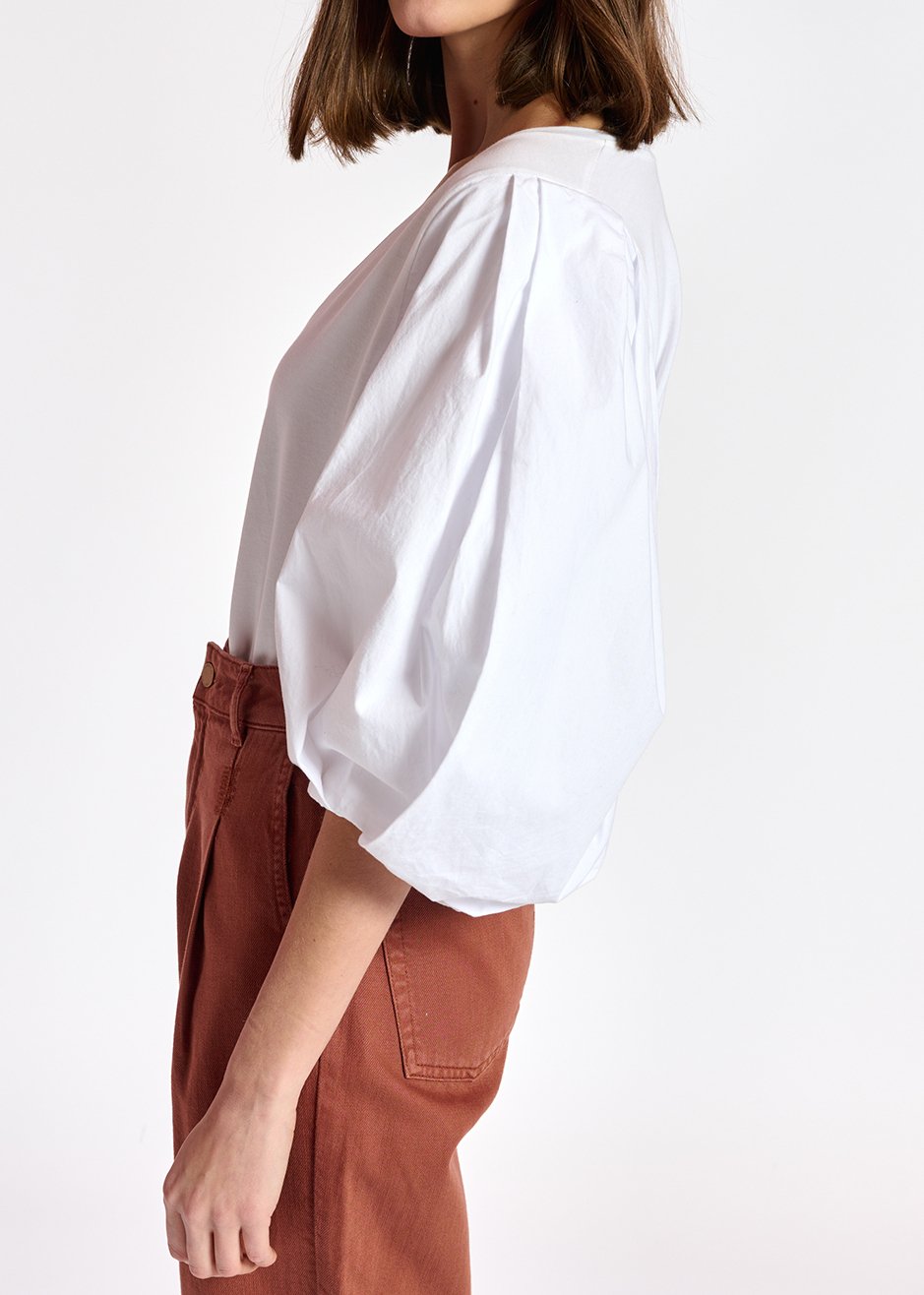 T-shirt V en jersey blanc avec manches en popeline RE—SSENTIEL seconde main photo 5