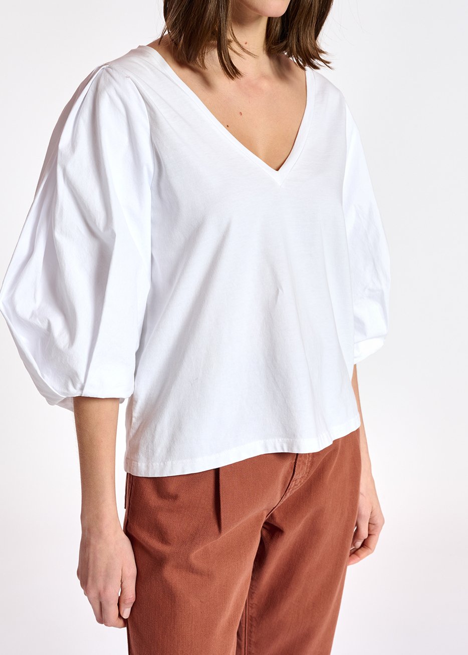 T-shirt V en jersey blanc avec manches en popeline RE—SSENTIEL seconde main photo 6