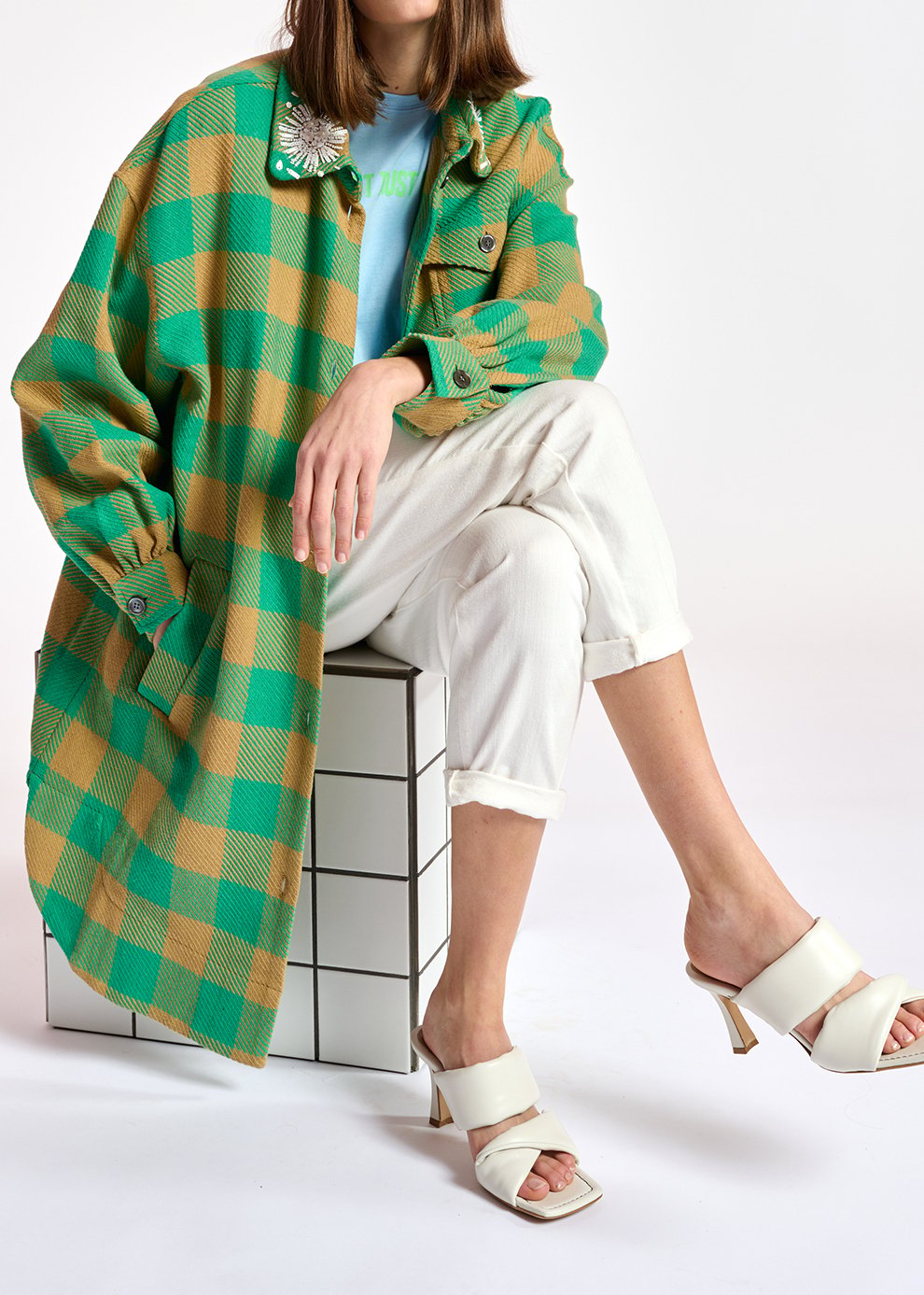Turquoise and brown checked shirt jacket RE—SSENTIEL second-hand photo 3