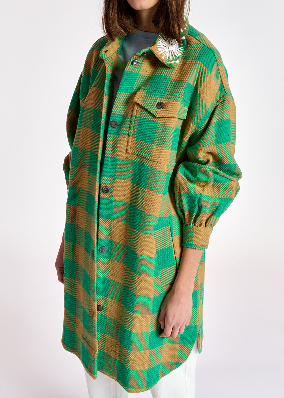 Turquoise and brown checked shirt jacket RE—SSENTIEL second-hand photo 4