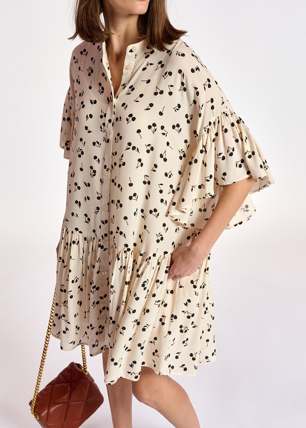 Gebroken witte mini-jurk met kersenprint RE—SSENTIEL tweedehands photo 3