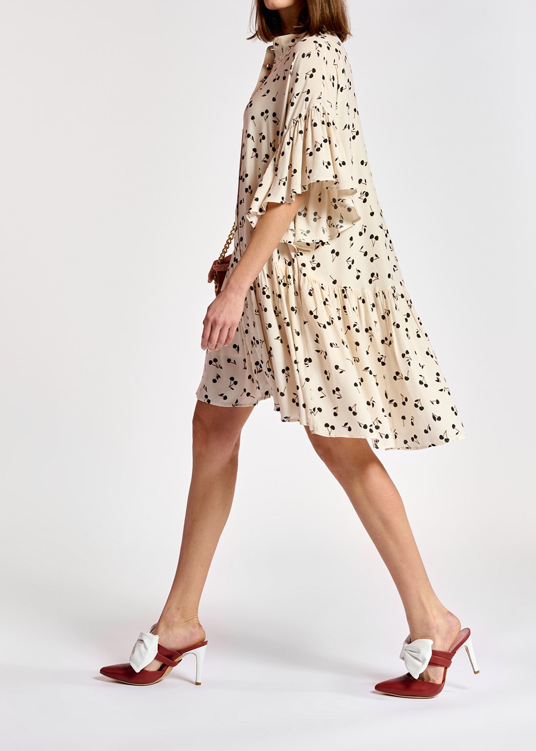 Gebroken witte mini-jurk met kersenprint RE—SSENTIEL tweedehands photo 4