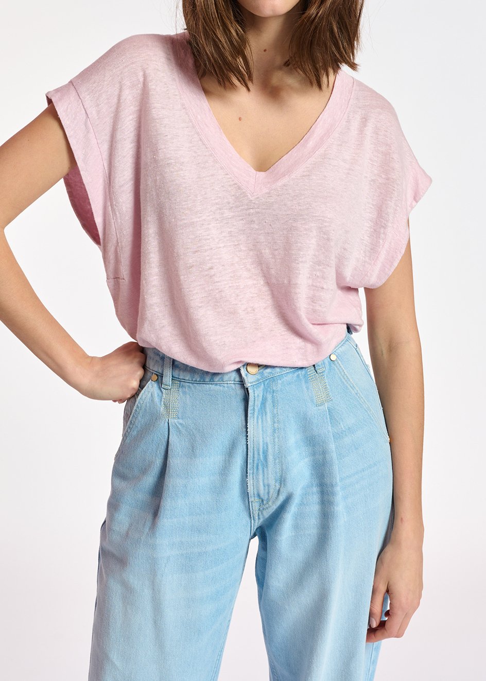 Lila linnen T-shirt met V-hals RE—SSENTIEL tweedehands photo 6