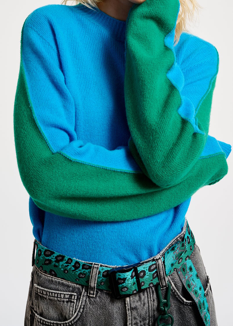 Blauwe en groene trui in merinos en kasjmier RE—SSENTIEL tweedehands photo 3