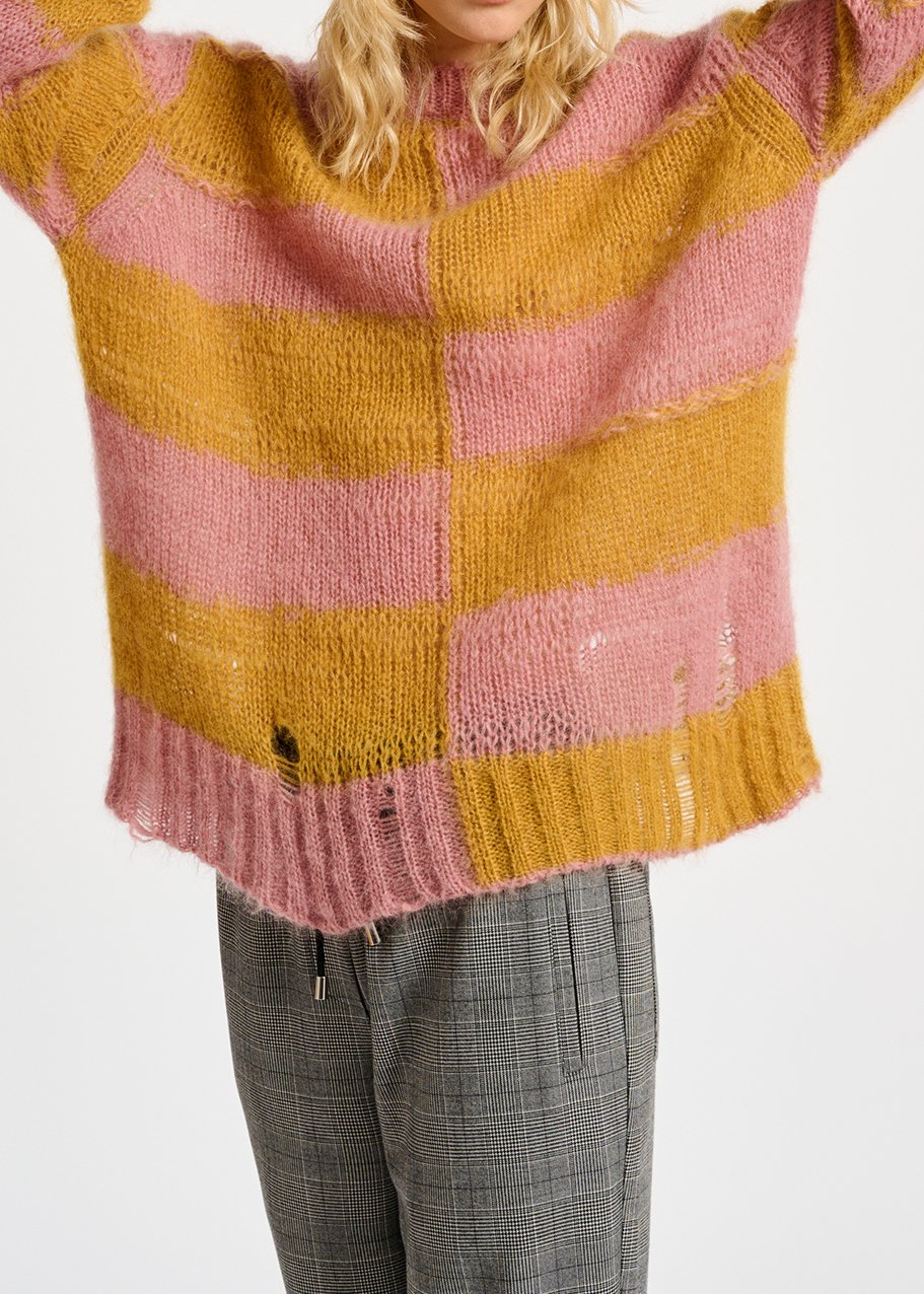 Vintage pink and ochre striped distressed knit sweater RE—SSENTIEL second-hand photo 3
