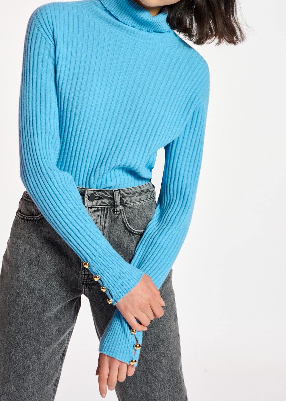 Pull à  col roulé en tricot côtelé bleu RE—SSENTIEL seconde main photo 5