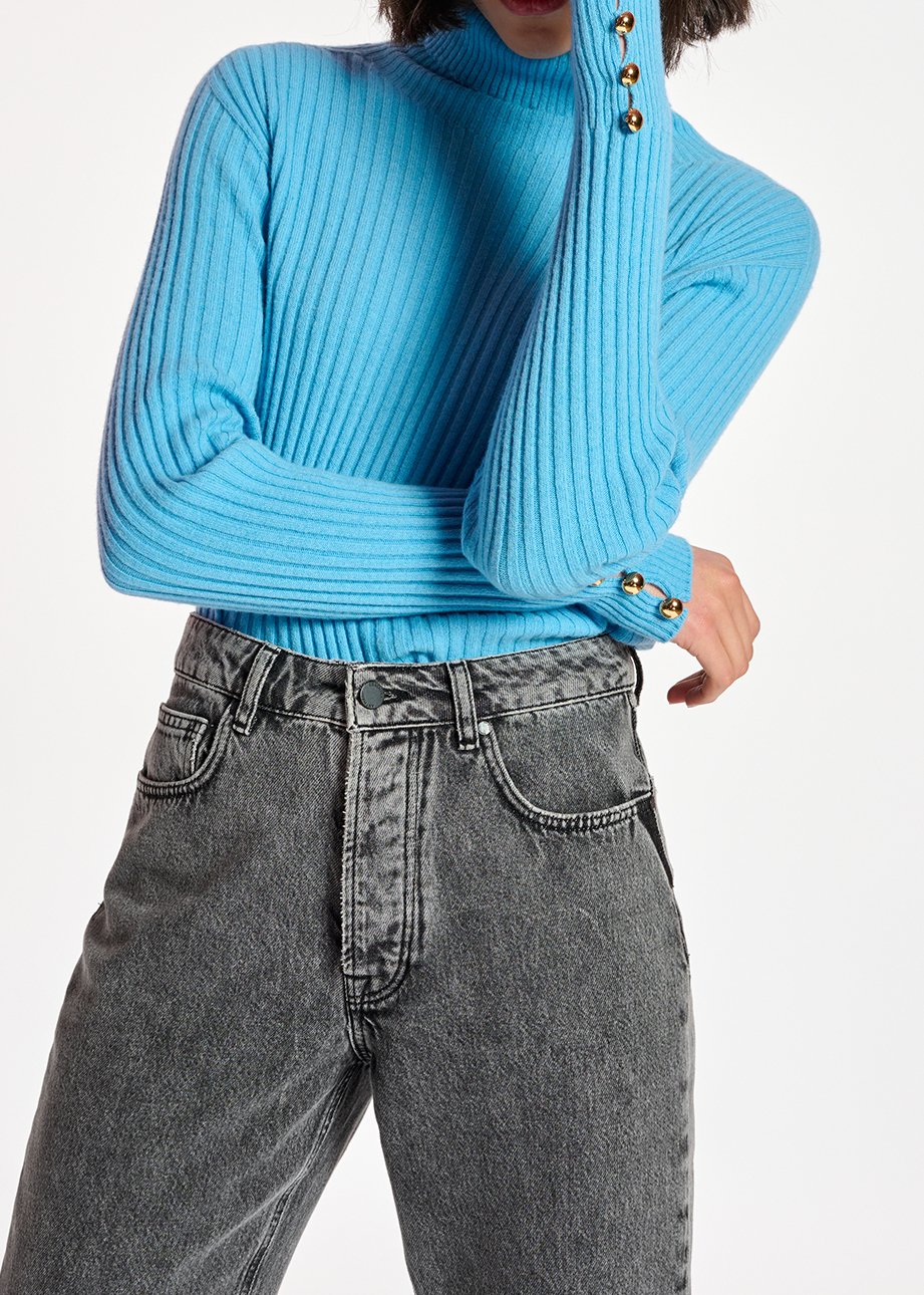 Pull à  col roulé en tricot côtelé bleu RE—SSENTIEL seconde main photo 6