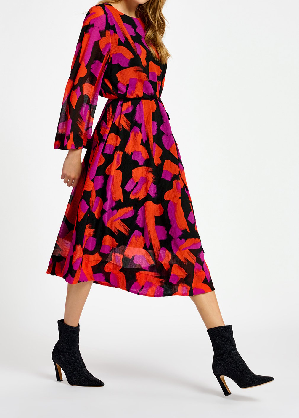 Maxi-jurk met zwarte, oranje en paarse abstracte print RE—SSENTIEL tweedehands photo 3