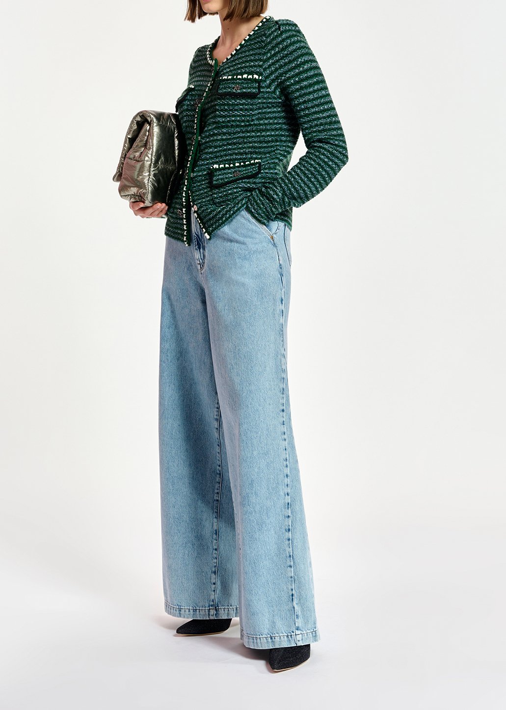 Donkergroene en lichtblauwe cardigan in tweed RE—SSENTIEL tweedehands photo 3