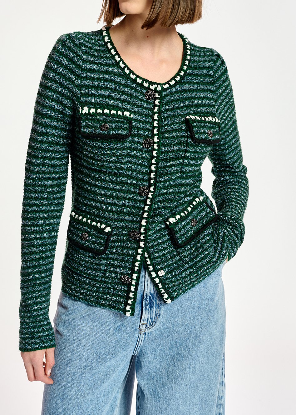 Donkergroene en lichtblauwe cardigan in tweed RE—SSENTIEL tweedehands photo 4