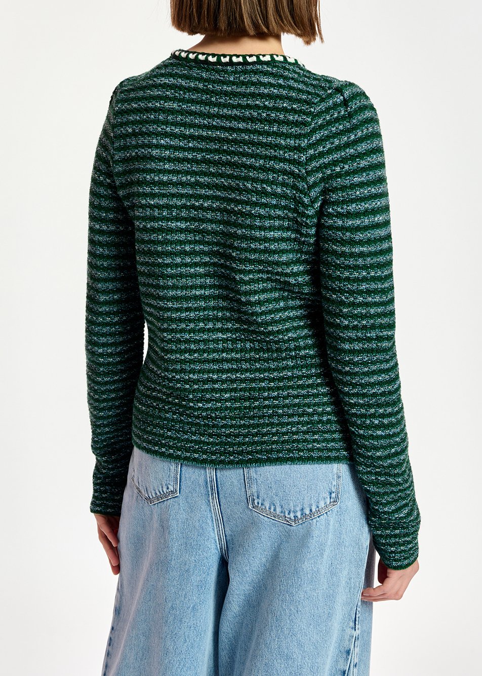 Donkergroene en lichtblauwe cardigan in tweed RE—SSENTIEL tweedehands photo 5