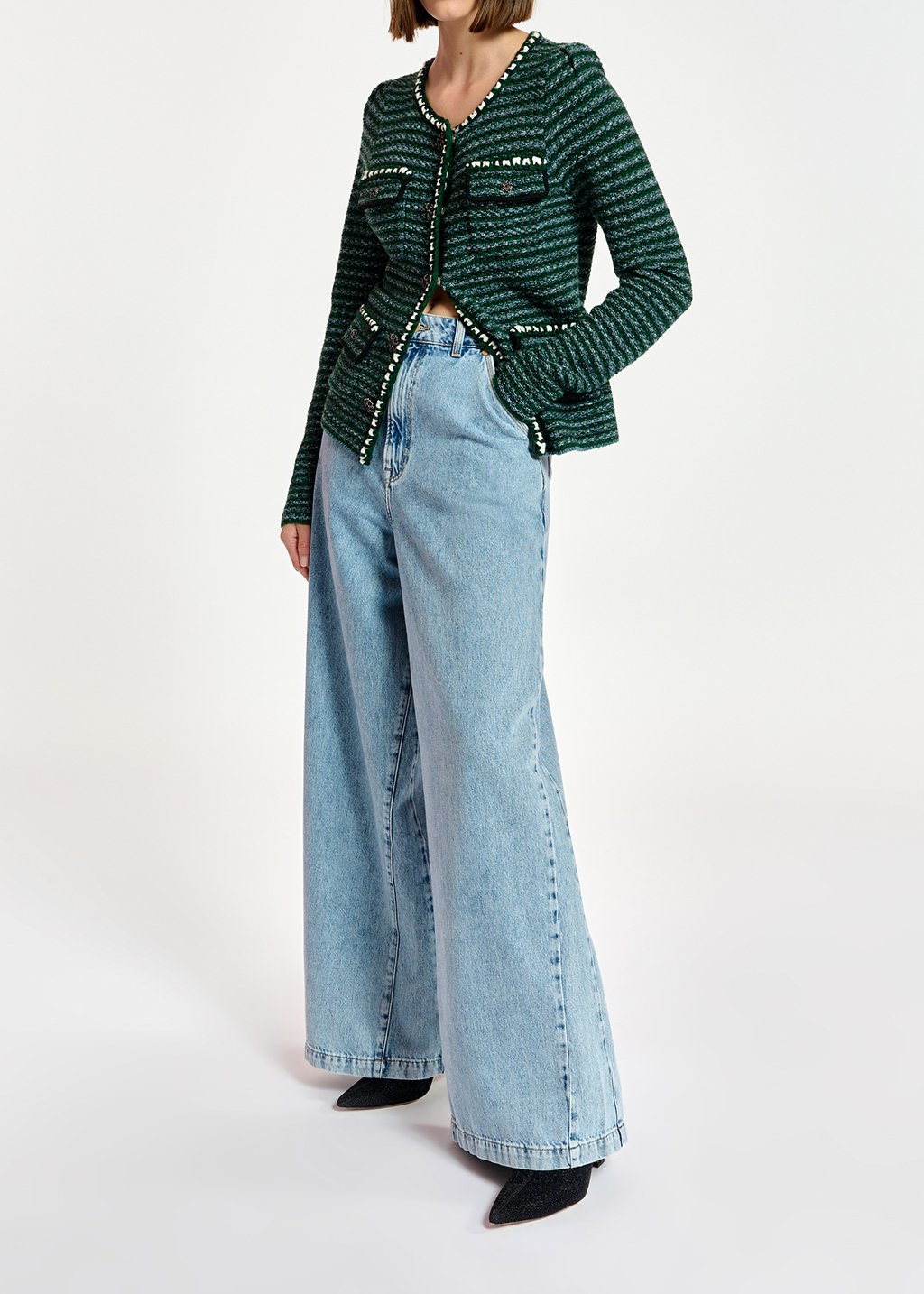 Donkergroene en lichtblauwe cardigan in tweed RE—SSENTIEL tweedehands photo 6