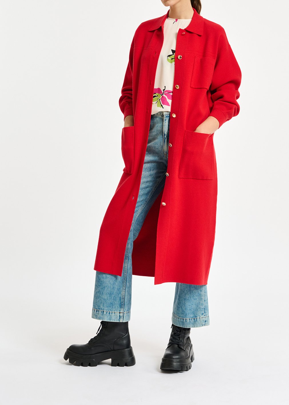 Rode gebreide cardigan met riem RE—SSENTIEL tweedehands photo 3