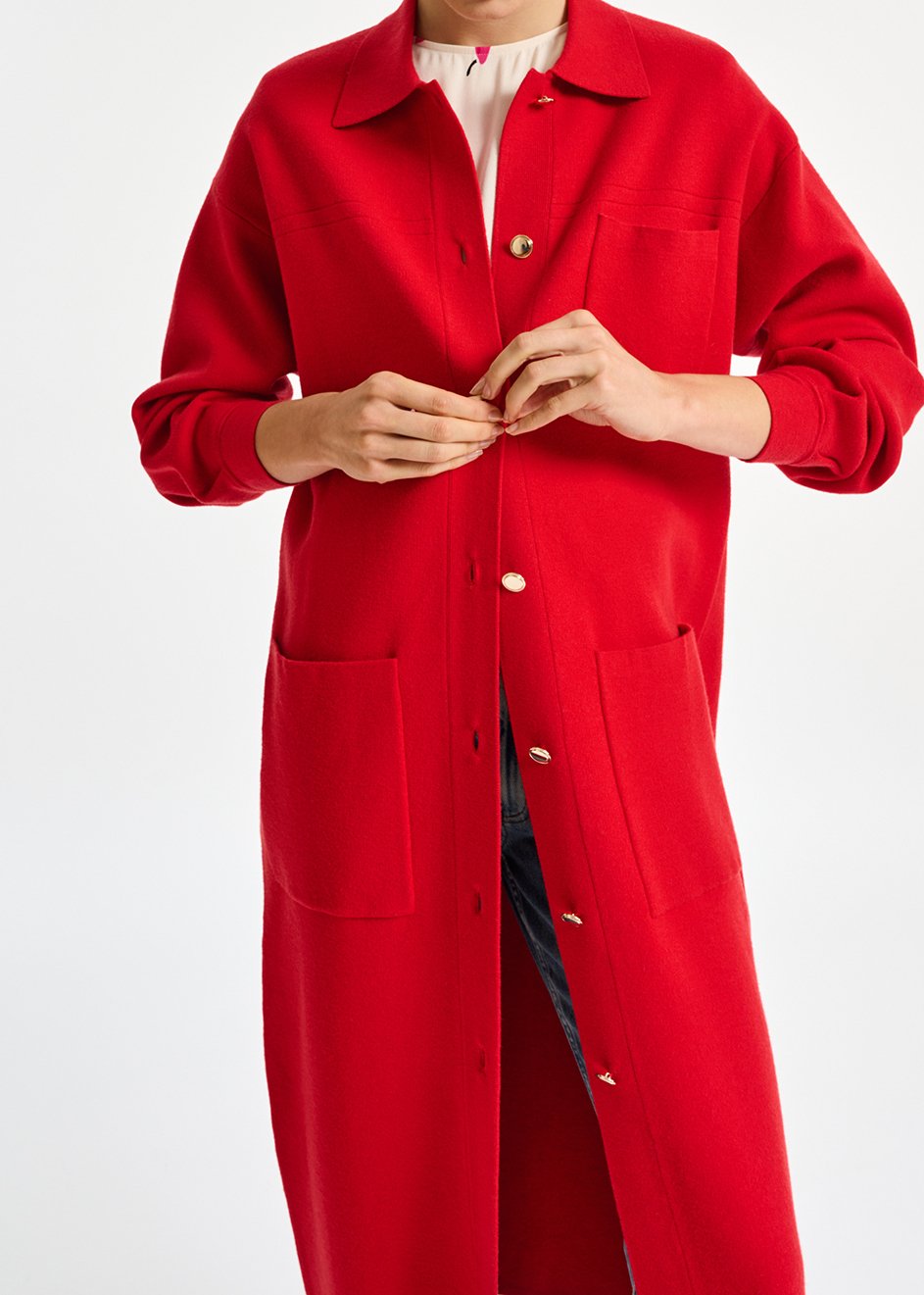 Rode gebreide cardigan met riem RE—SSENTIEL tweedehands photo 4