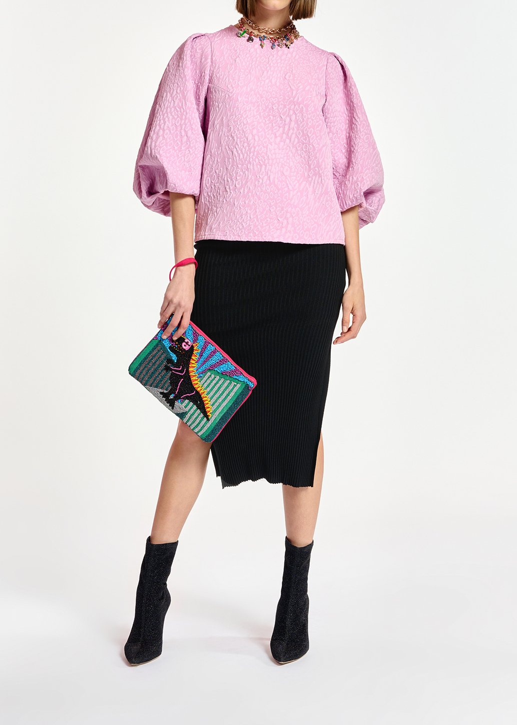 Light pink jacquard top with puffed sleeves RE—SSENTIEL second-hand photo 3