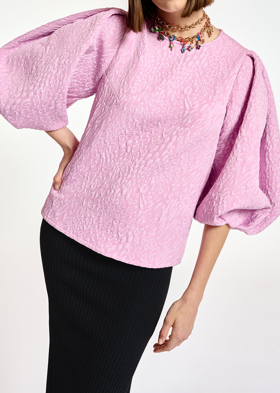 Light pink jacquard top with puffed sleeves RE—SSENTIEL second-hand photo 4