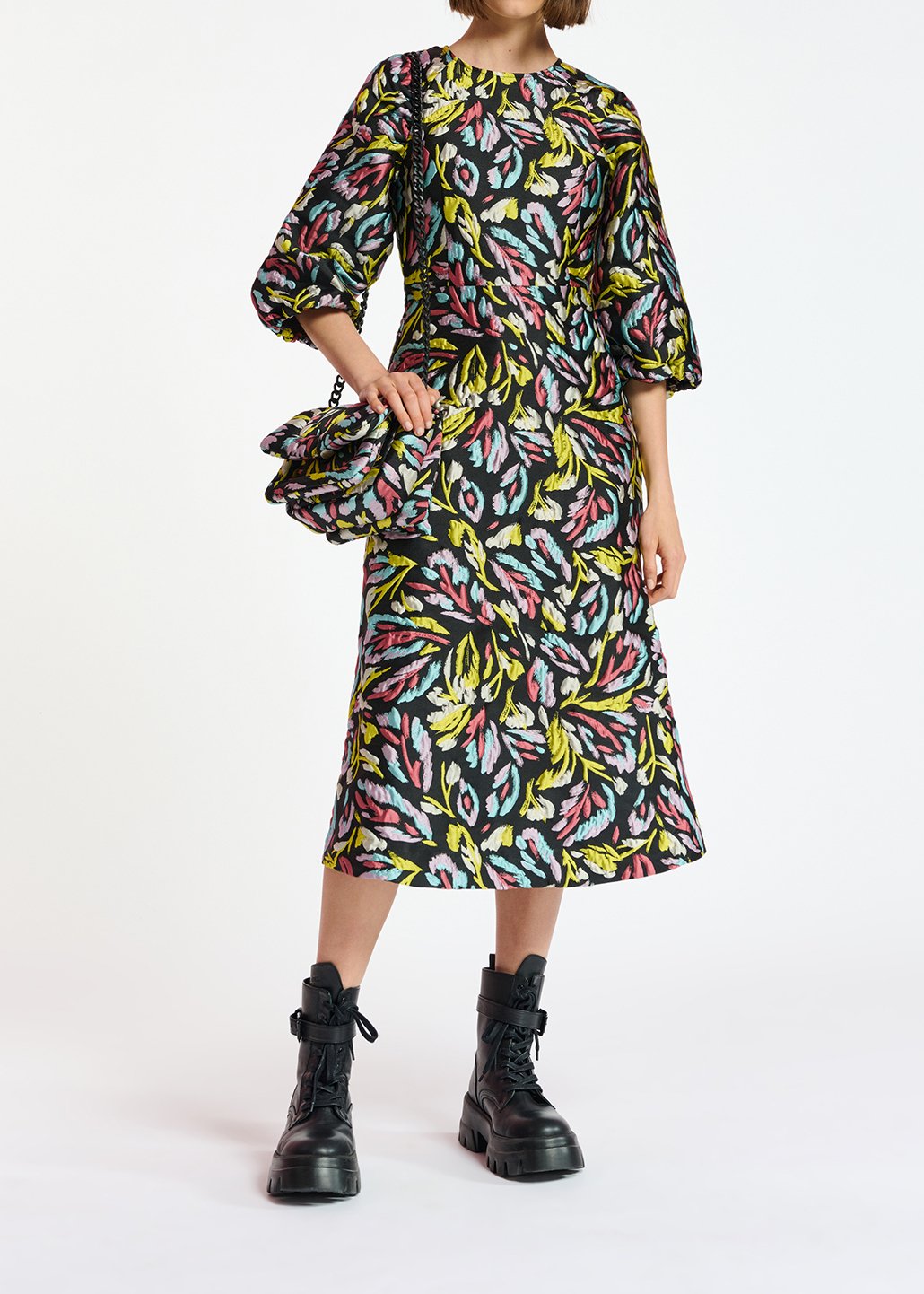 Robe midi en jacquard noir, jaune et lilas RE—SSENTIEL seconde main photo 3