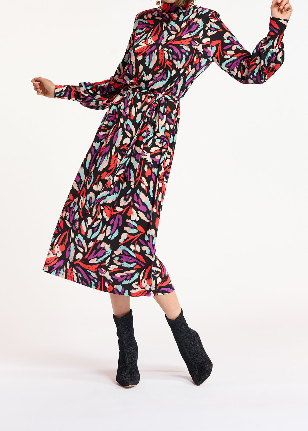 Midi-jurk in zwart, koraalrood en paars stretch jersey RE—SSENTIEL tweedehands photo 3