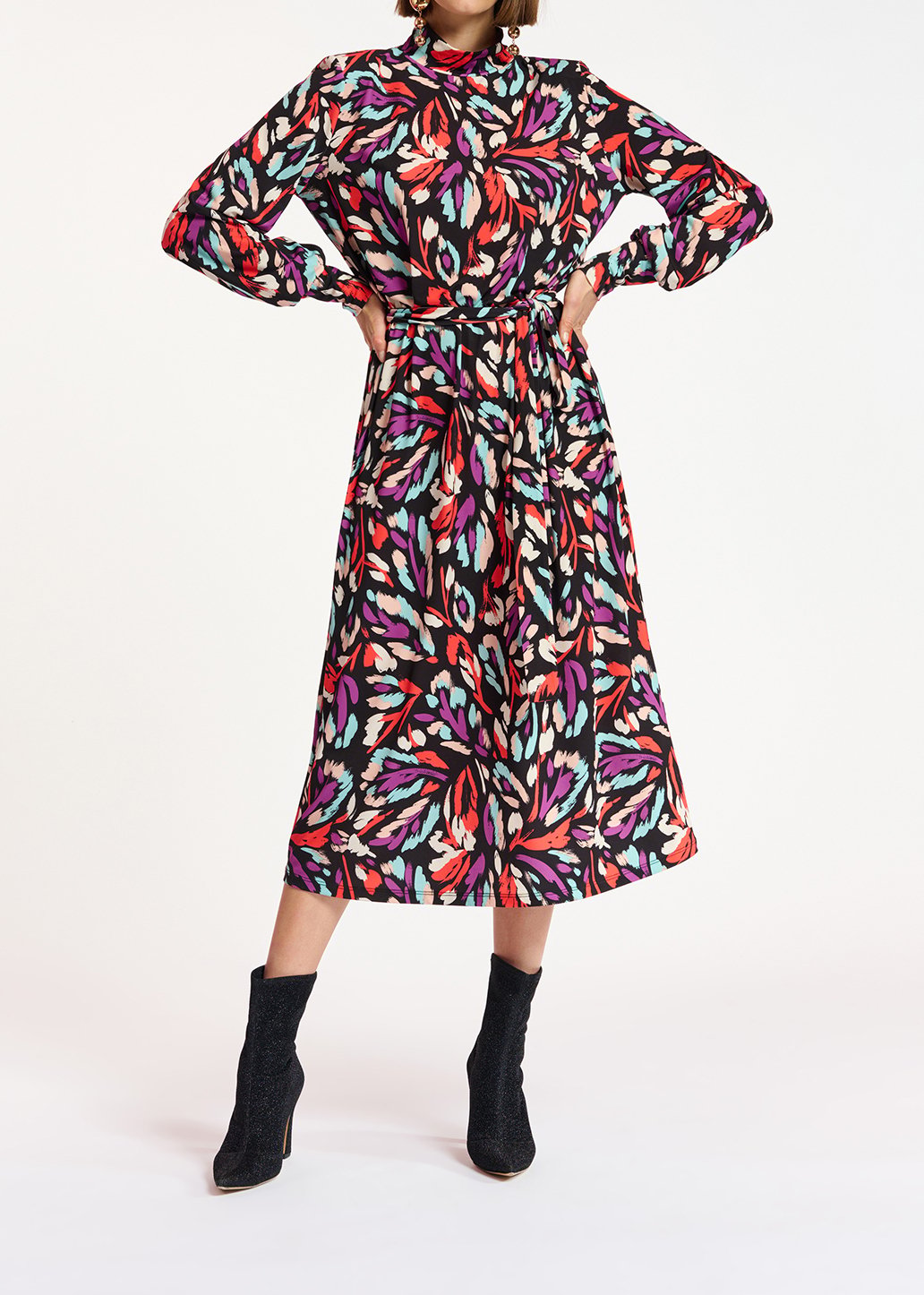 Midi-jurk in zwart, koraalrood en paars stretch jersey RE—SSENTIEL tweedehands photo 5