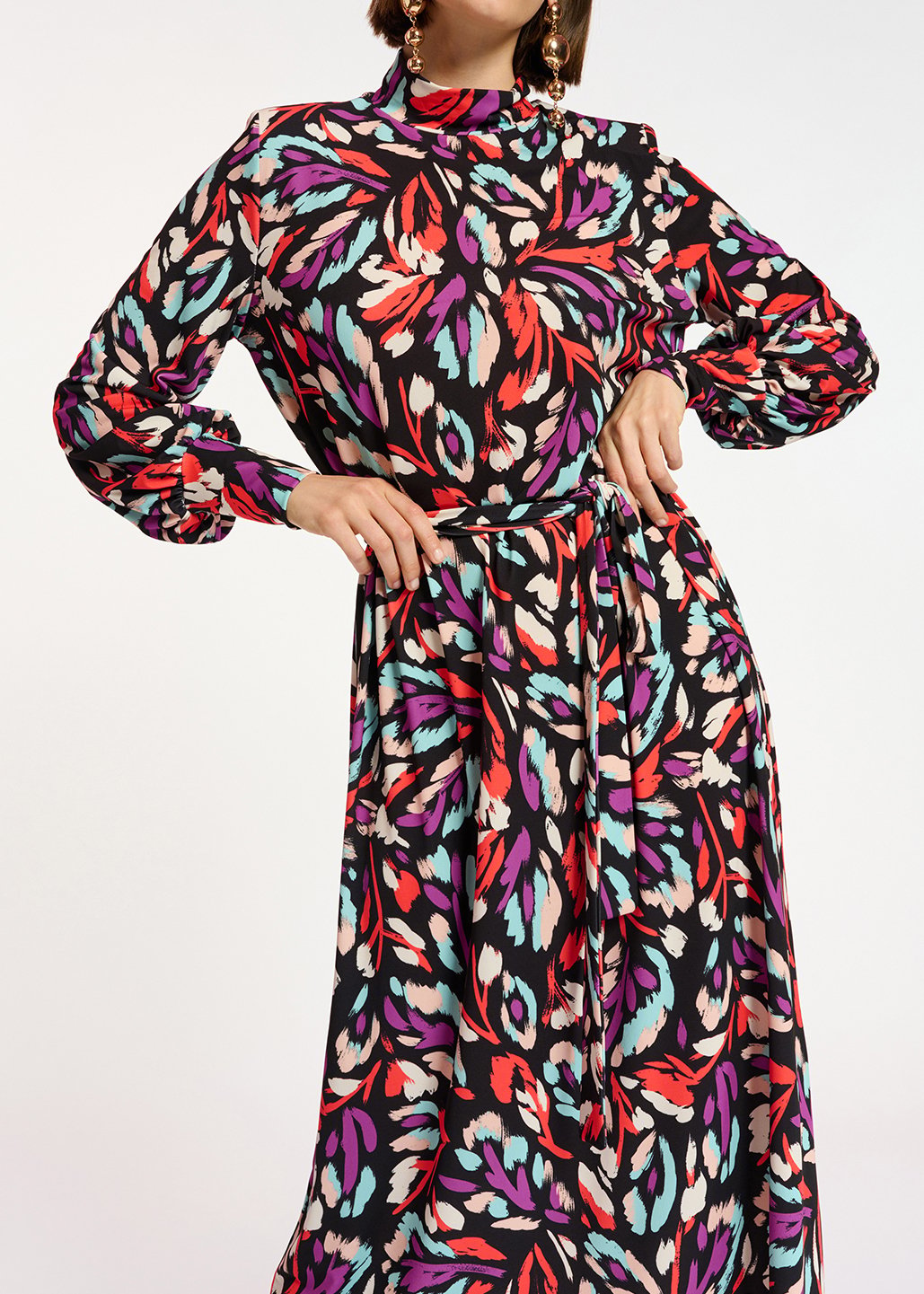 Midi-jurk in zwart, koraalrood en paars stretch jersey RE—SSENTIEL tweedehands photo 8