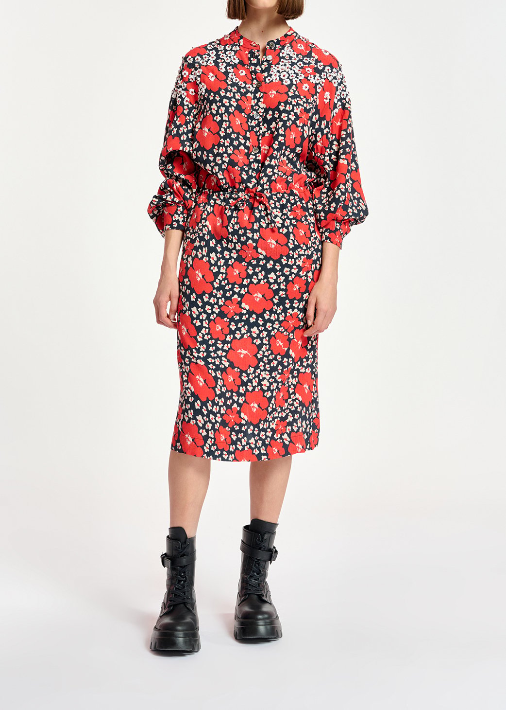 Dark blue, red and white floral-print midi dress RE—SSENTIEL second-hand photo 3