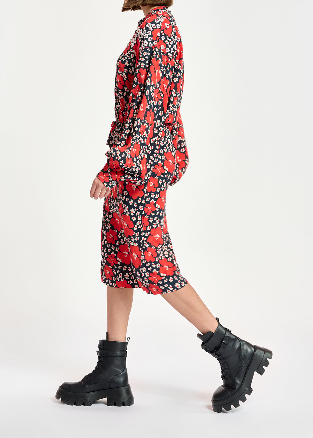 Dark blue, red and white floral-print midi dress RE—SSENTIEL second-hand photo 4