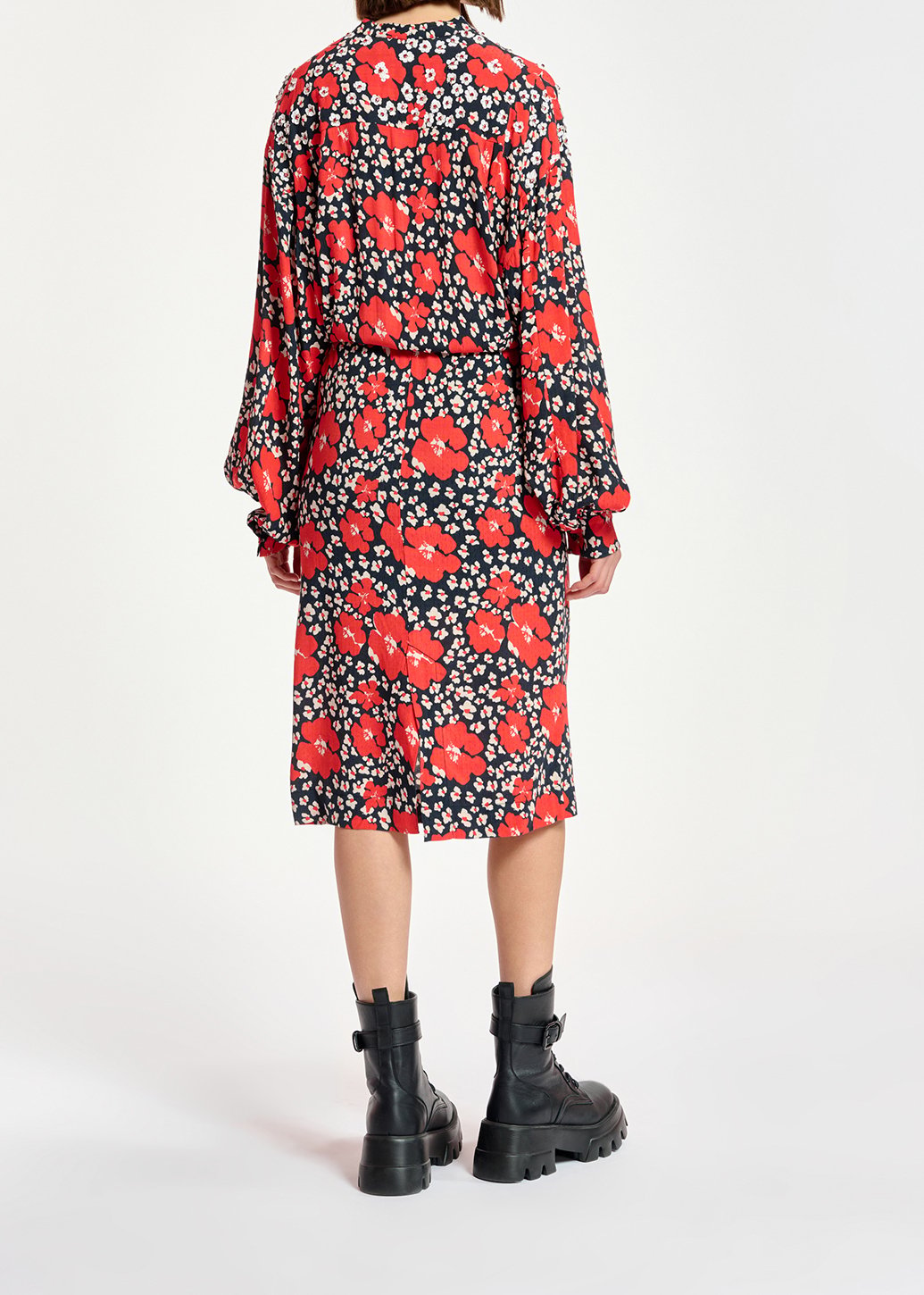 Dark blue, red and white floral-print midi dress RE—SSENTIEL second-hand photo 5