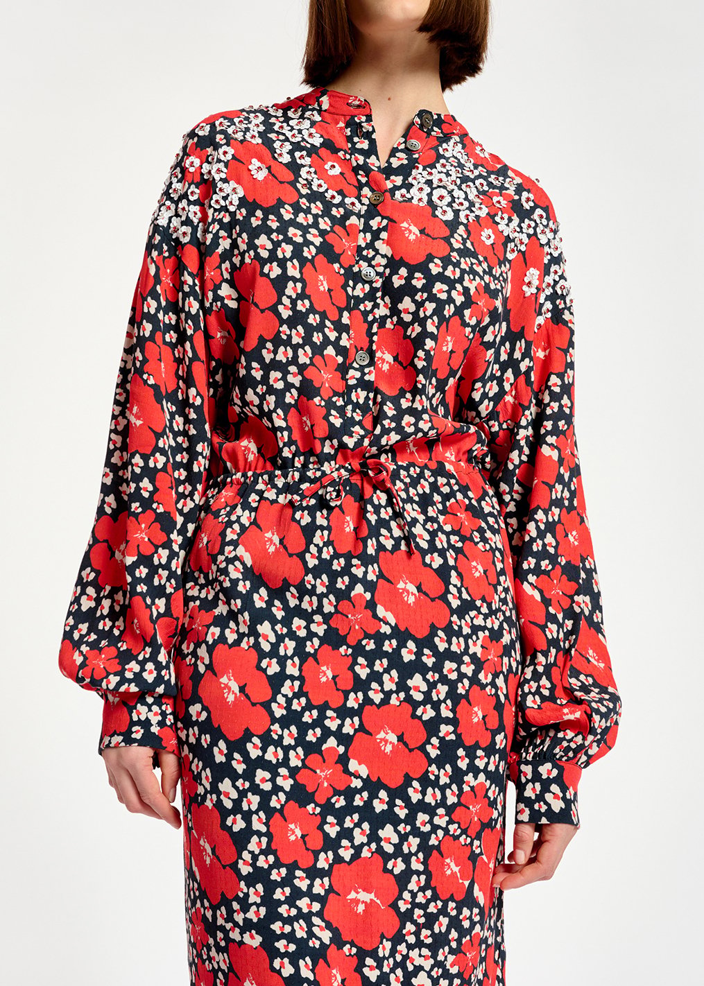 Dark blue, red and white floral-print midi dress RE—SSENTIEL second-hand photo 6