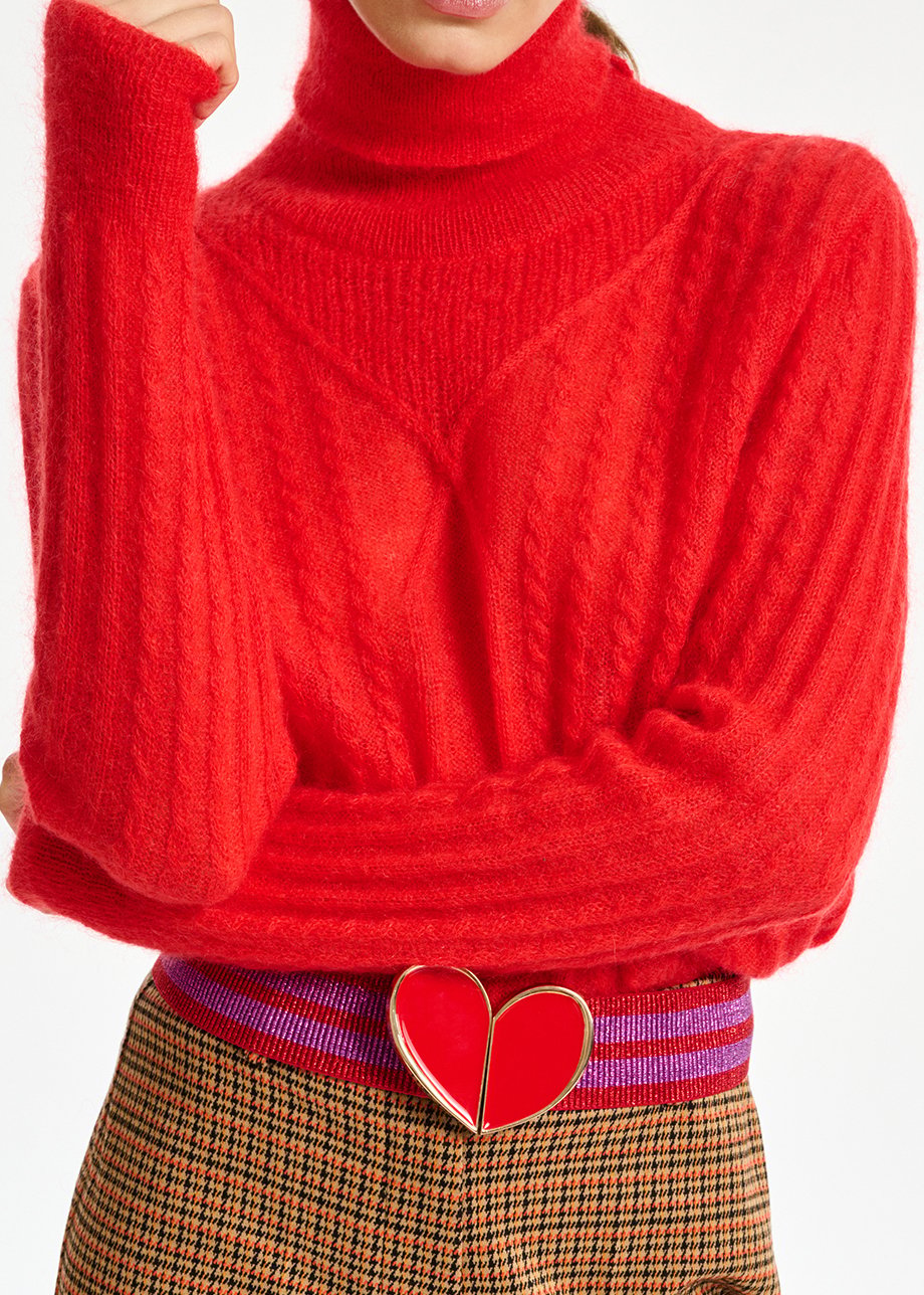 Pull à  col roulé en tricot torsadé rouge RE—SSENTIEL seconde main photo 3