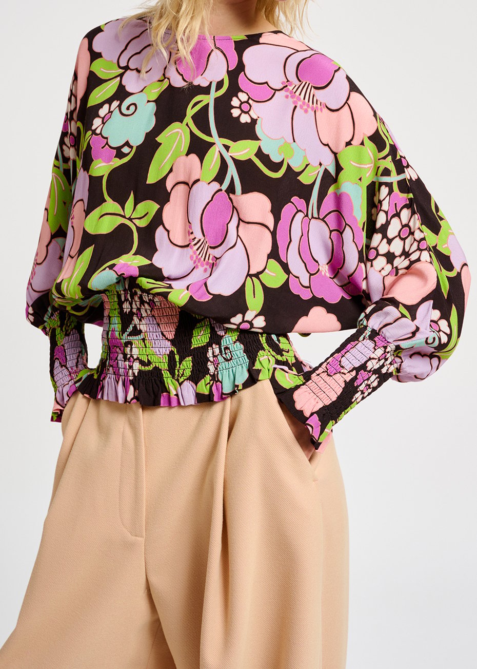Top noir à  imprimé fleuri et à  smocks RE—SSENTIEL seconde main photo 3