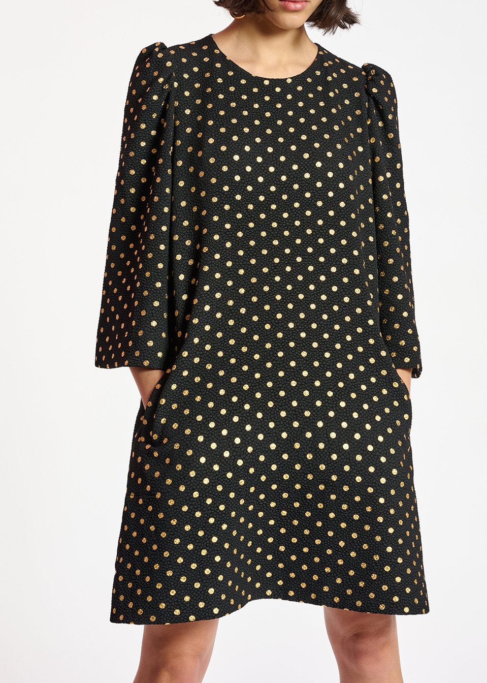 Mini-robe noire à  pois dorés et manches trompettes RE—SSENTIEL seconde main photo 7