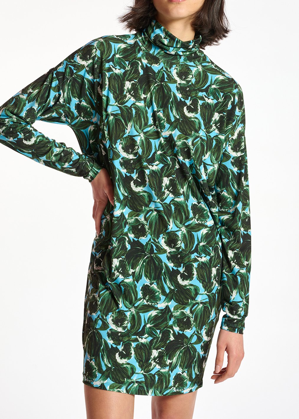 Mini-jurk met rolkraag in blauwe en groene bladerprint RE—SSENTIEL tweedehands photo 7