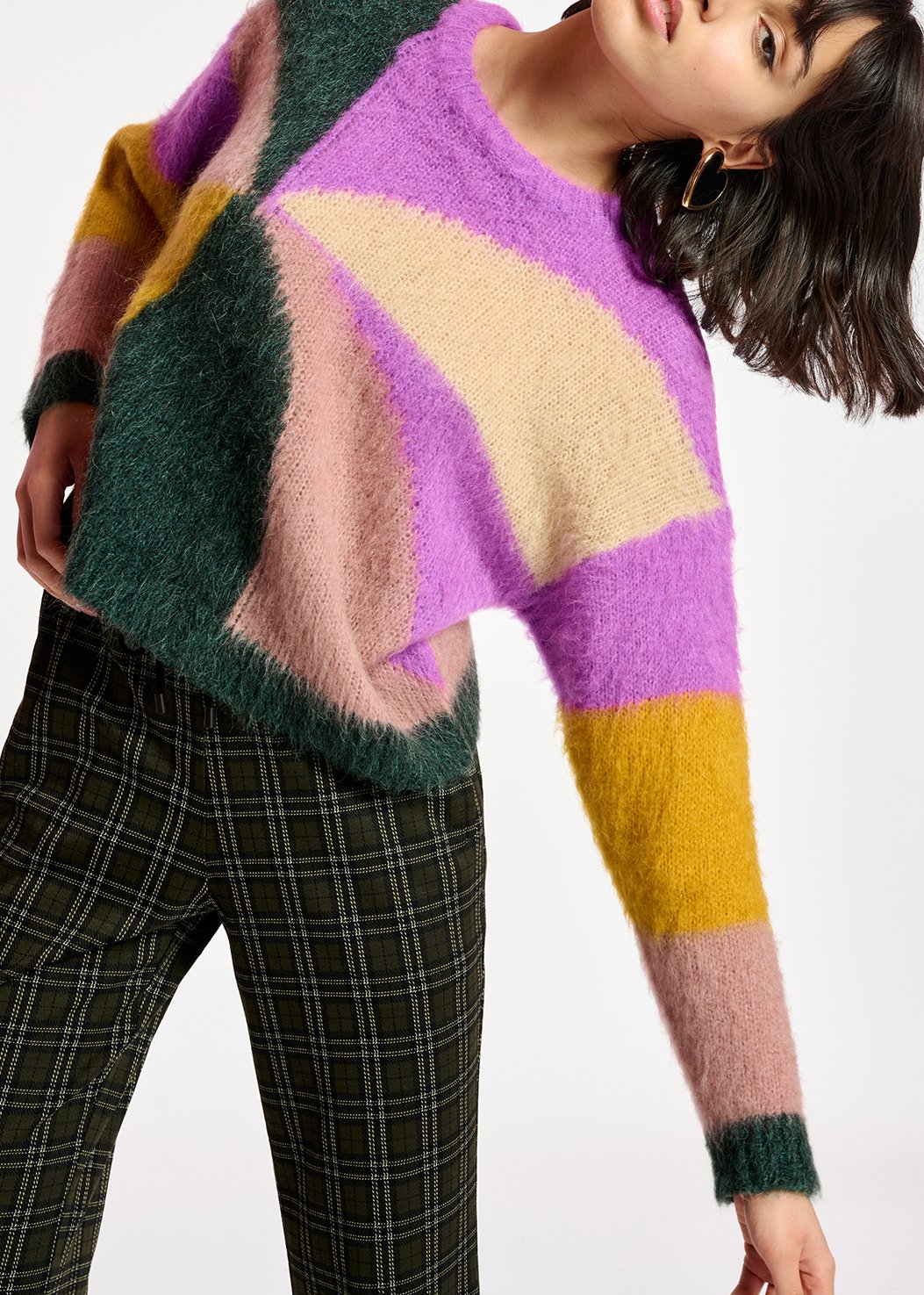 Pull en tricot intarsia pourpre, vert foncé et rose vintage RE—SSENTIEL seconde main photo 3