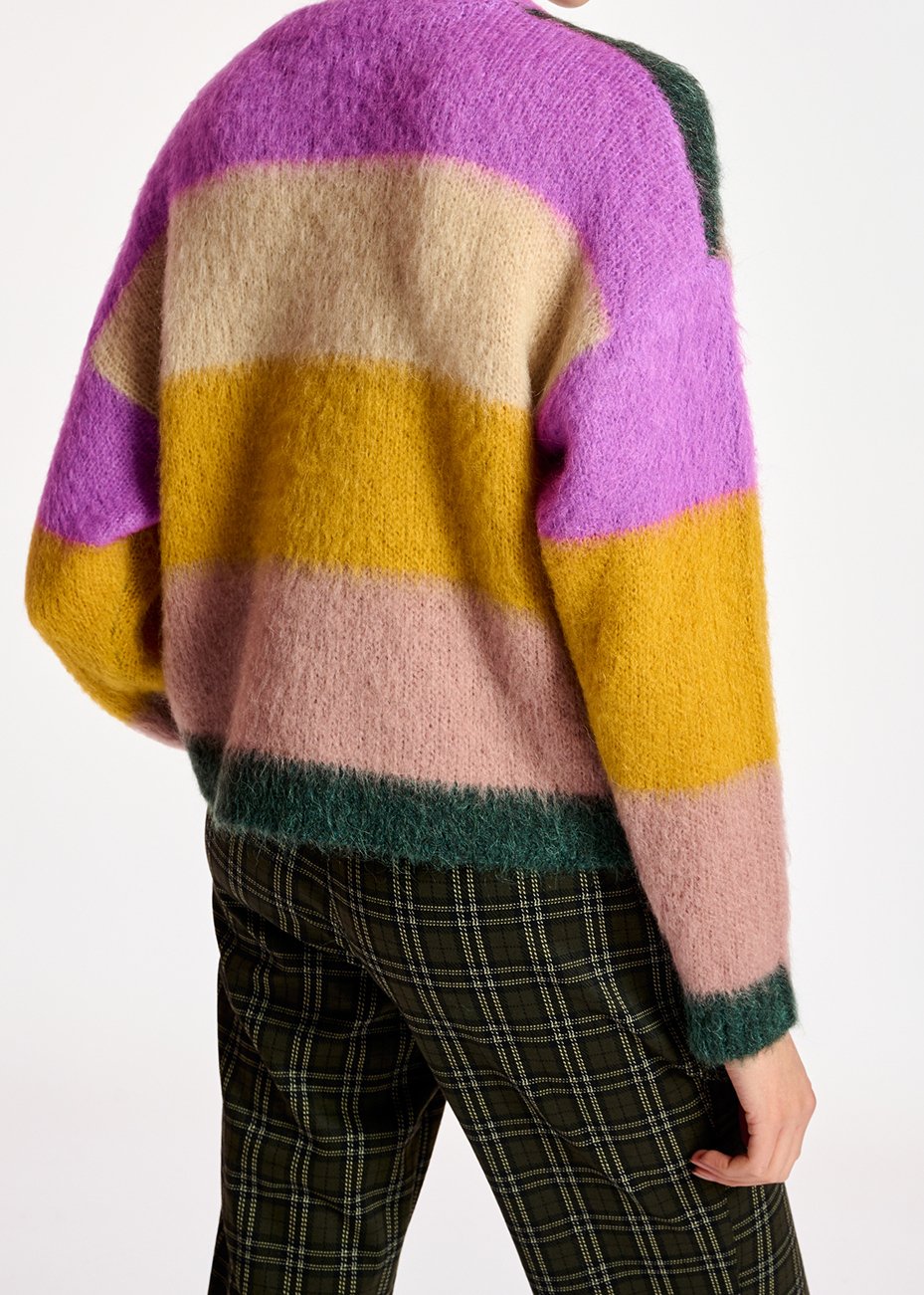 Pull en tricot intarsia pourpre, vert foncé et rose vintage RE—SSENTIEL seconde main photo 4