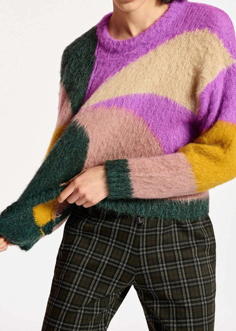 Pull en tricot intarsia pourpre, vert foncé et rose vintage RE—SSENTIEL seconde main photo 6