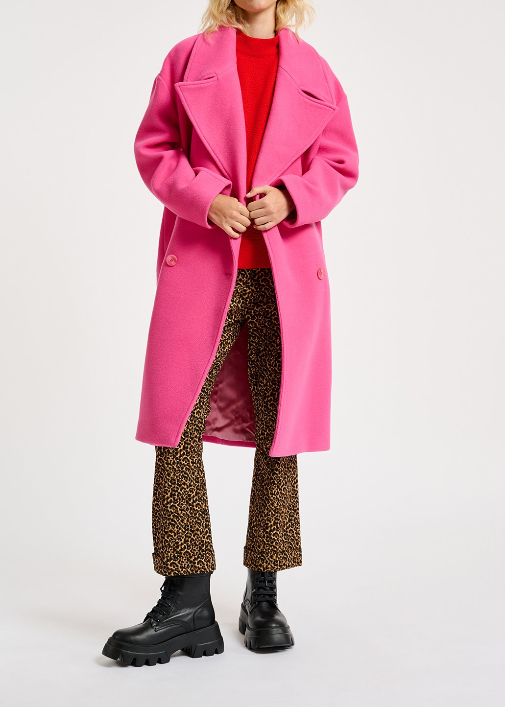 Manteau rose néon à  double boutonnage en laine mélangée RE—SSENTIEL seconde main photo 3