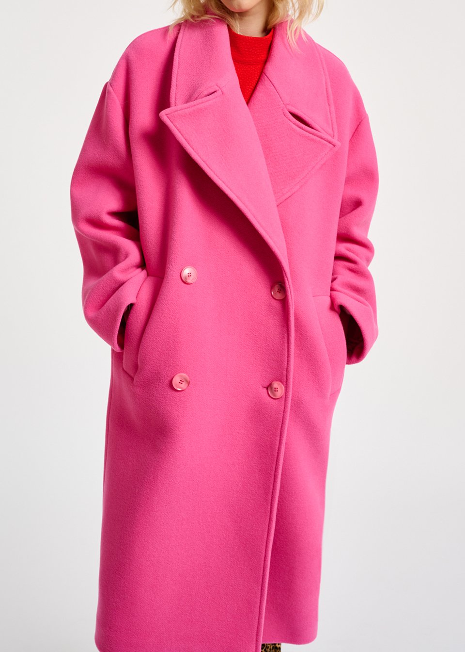 Manteau rose néon à  double boutonnage en laine mélangée RE—SSENTIEL seconde main photo 4