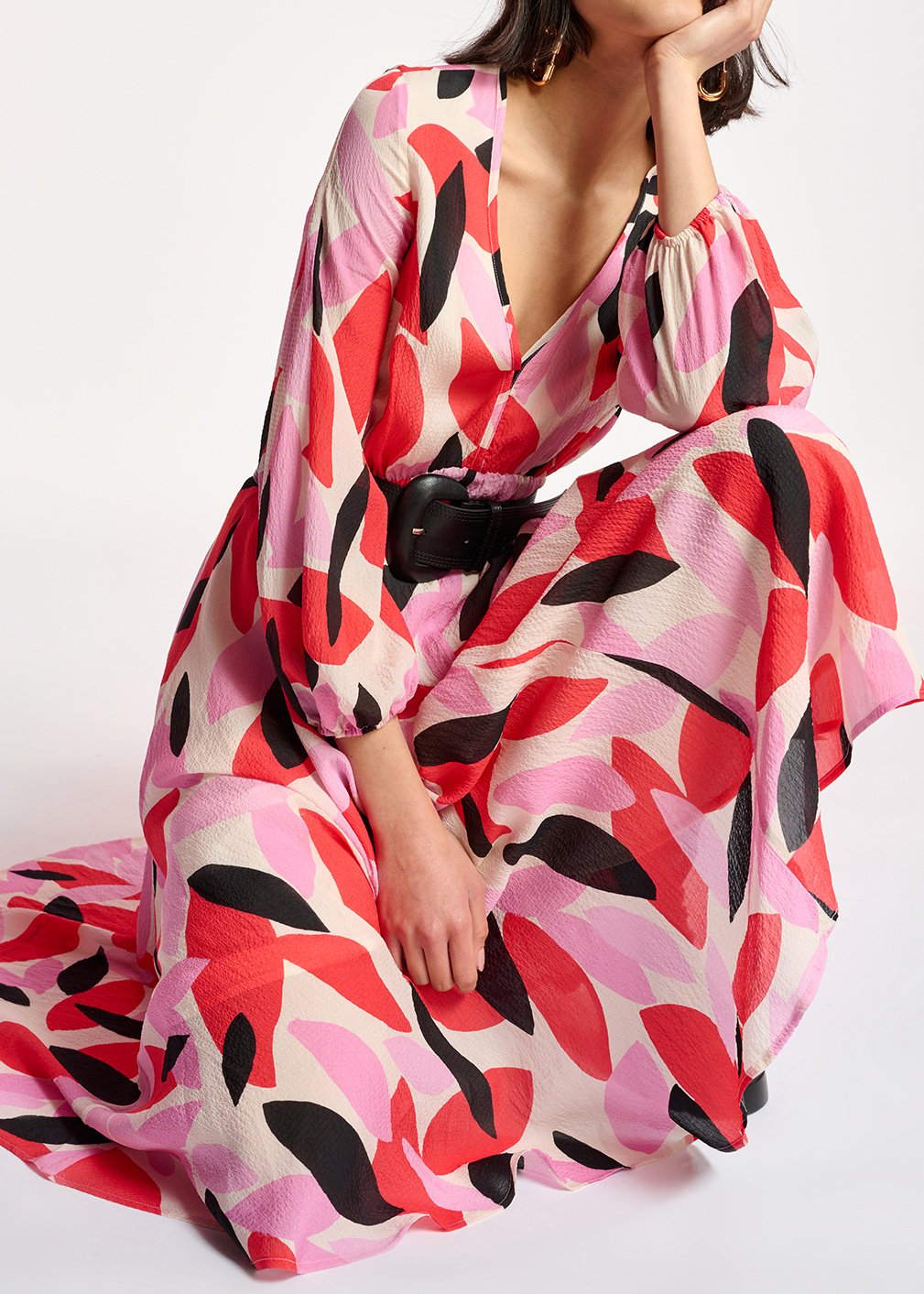 Midi-jurk met abstracte print in gebroken wit, rood en roze RE—SSENTIEL tweedehands photo 4