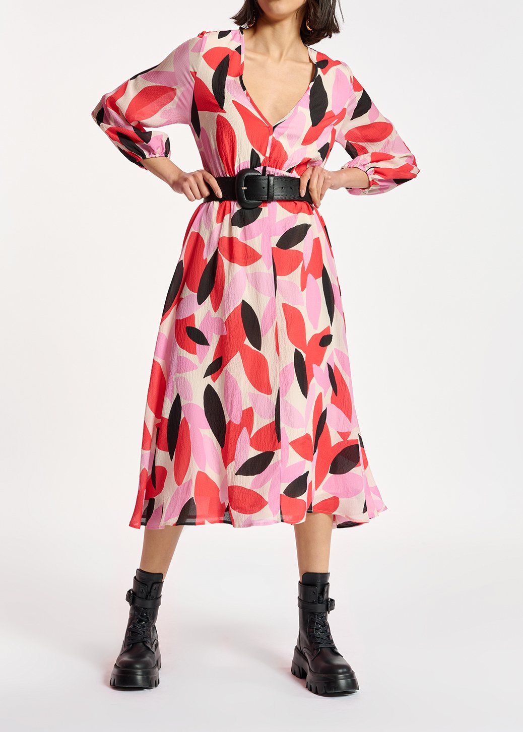 Midi-jurk met abstracte print in gebroken wit, rood en roze RE—SSENTIEL tweedehands photo 5