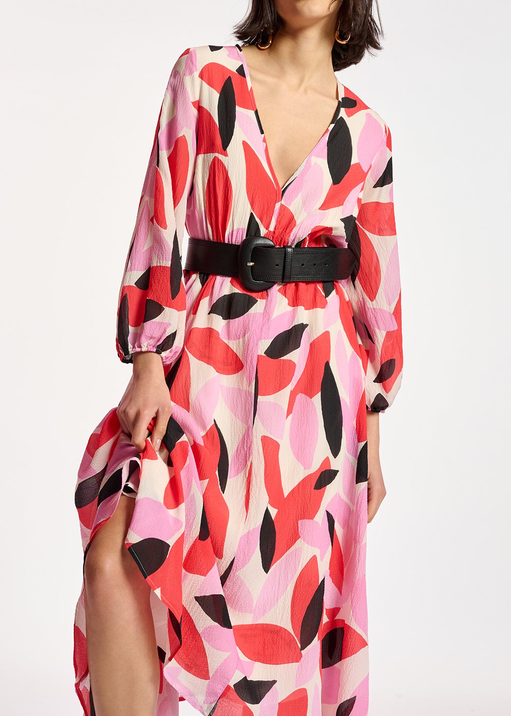 Midi-jurk met abstracte print in gebroken wit, rood en roze RE—SSENTIEL tweedehands photo 7