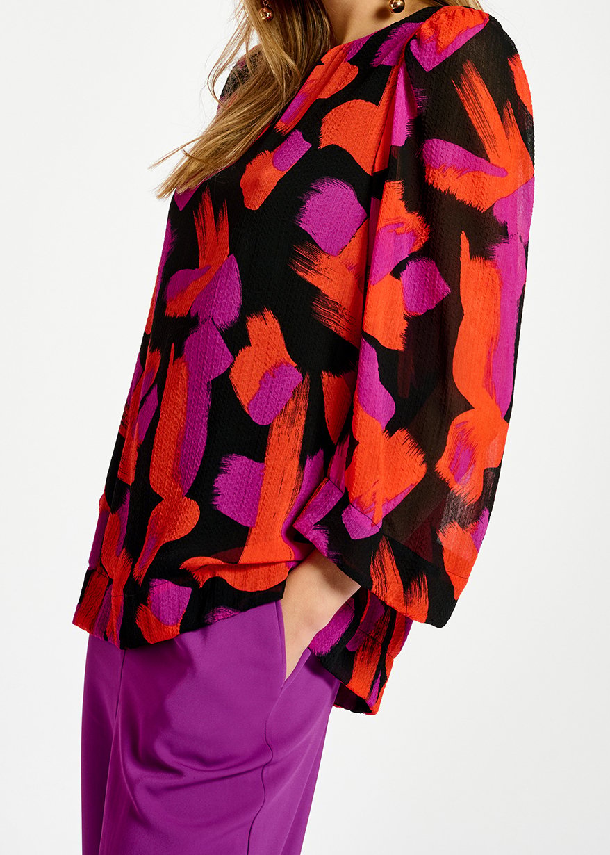 Black, orange and purple abstract-print top with puffed shoulders RE—SSENTIEL second-hand photo 3