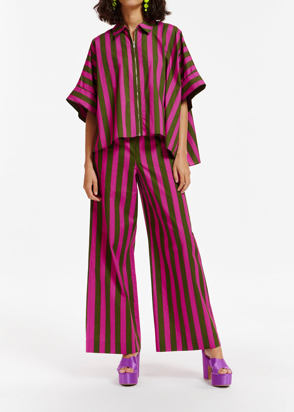 Pantalon large en coton à  rayures vertes et violettes RE—SSENTIEL seconde main photo 3